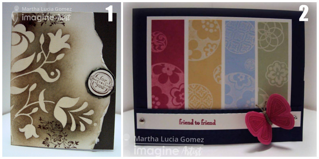 Two examples of cards made using a resist technique created by heat embossing stamped images using VersaMark ink.